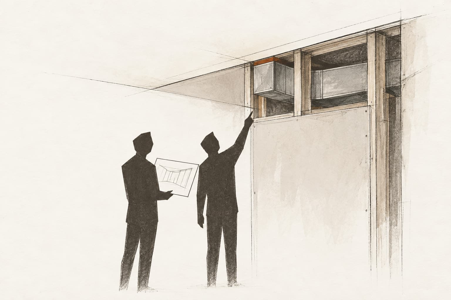 Дизайнер и технический специалист обсуждают вентиляционный узел за отделкой стены